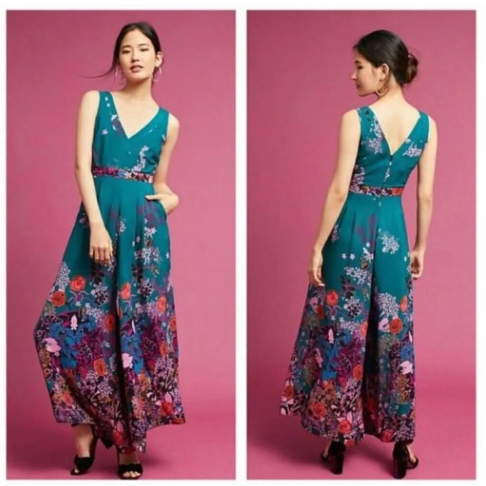 Anthropologie Maeve Turquoise Floral Jumpsuit